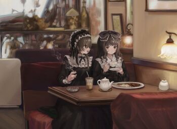 2girls ashtray between_fingers black_bow black_dress black_hairband black_ribbon booth_seating bow braid brown_eyes brown_hair cigarette collar commentary_request couch crossed_bangs cup curry curry_rice dress drinking_glass feet_out_of_frame food frilled_bow frilled_collar frilled_dress frilled_hairband frills glass gothic_lolita hair_bow hairband hand_up hands_up highres holding holding_cigarette holding_cup holding_saucer indoors lamp light_blush lolita_fashion long_dress long_hair looking_at_another looking_to_the_side multiple_girls neck_ribbon on_couch open_mouth original painting_(object) parted_lips picture_frame plate profile puritan_collar restaurant ribbon rice sasami_(shiroi_fuwafuwa) saucer single_braid sitting smoke smoke_trail spoon swept_bangs table tea teacup teapot white_collar