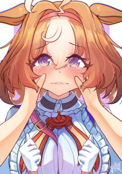 1girl 1other @_@ absurdres ahoge animal_ears awooogie between_breasts blush breasts brown_hair cheek_pull closed_mouth commentary double-parted_bangs ears_down gloves hair_between_eyes hairband highres horse_ears horse_girl large_breasts looking_at_viewer medium_hair meisho_doto_(turbulent_blue)_(umamusume) meisho_doto_(umamusume) multicolored_hair pink_hairband purple_eyes red_ribbon ribbon shirt short_hair strap_between_breasts trainer_(umamusume) two-tone_hair umamusume upper_body white_gloves white_hair white_shirt