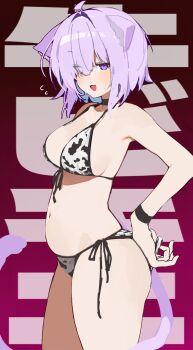 1girl animal_ears animal_print bikini bikini_tug black_choker blue_hair breasts cat_ears cat_girl cat_tail choker colored_inner_hair commentary_request cow_print cow_print_bikini flying_sweatdrops hair_between_eyes highres hololive large_breasts large_hands looking_at_viewer multicolored_hair nekomata_okayu open_mouth plump print_bikini purple_eyes purple_hair short_hair side-tie_bikini_bottom simple_background solo sweat swimsuit tail text_background virtual_youtuber yu_yamai