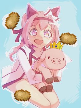 1girl 1other :d animal animal_ears bare_legs blue_background commentary cowboy_shot english_commentary few_of_plenty flower_in_eye full_body hair_between_eyes hair_intakes haru_urara_(bestest_prize)_(umamusume) haru_urara_(umamusume) headband highres holding holding_animal horse_ears horse_girl jacket light_blush long_hair looking_at_viewer minecraft minecraft_youtube multicolored_jacket open_mouth pig pink_eyes pink_hair pink_headband pink_jacket pink_shirt pointed_crown ponytail potato potato_(minecraft) purple_eyes shirt sitting smile symbol_in_eye technoblade two-tone_jacket two-tone_shirt umamusume white_jacket white_shirt
