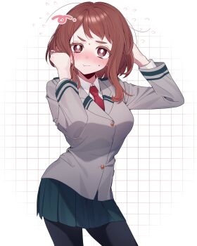 1girl black_pantyhose blue_skirt blush boku_no_hero_academia bright_pupils brown_eyes brown_hair closed_mouth collared_shirt cowboy_shot double_horizontal_stripe flying_sweatdrops grey_jacket grid_background hands_in_own_hair highres jacket long_sleeves looking_at_viewer medium_hair menimanimonimon necktie pantyhose pleated_skirt red_necktie school_uniform shirt skirt solo sweat u.a._school_uniform uraraka_ochako white_background white_pupils white_shirt