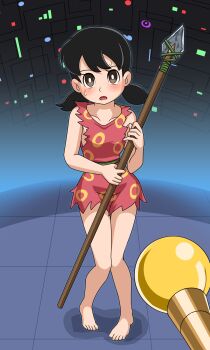 1girl absurdres barefoot commentary_request commission doraemon dress highres holding holding_polearm holding_weapon knees_together_feet_apart low_twintails minamoto_shizuka polearm pov red_dress short_dress skeb_commission solo spear sweat thalter39o twintails wand weapon