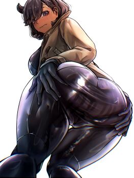 1girl ass ass_focus black_bodysuit black_gloves black_hair blush bodysuit bodysuit_under_clothes breasts brown_jacket closed_mouth commentary_request cowlick dark-skinned_female dark_skin emma_(pokemon) from_behind from_below gloves grabbing_own_ass hair_between_eyes highres jacket korean_commentary large_breasts latex latex_bodysuit long_sleeves looking_at_viewer mixed-language_commentary nintendo orange_gloves pokemon pokemon_legends:_z-a purple_eyes revision short_hair sidelocks simple_background skin_tight solo spread_ass spreading_own_ass sweat swept_bangs tearing_up two-tone_gloves white_background wldud9_9