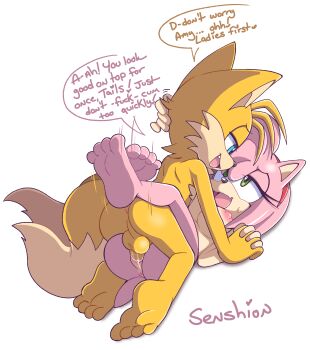 1boy 1girl absurdres amy_rose artist_name ass barefoot blue_eyes breasts english_text erection fang feet flirting fox_boy furry furry_female furry_male furry_with_furry green_eyes hairband hedgehog_girl hetero highres holding_hands leg_lock missionary nipples nude penis pussy senshionart sex shota smile soles sonic_(series) tail tails_(sonic) testicles toes vaginal white_background