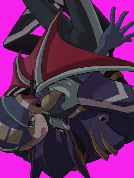 2boys biting black_hair blue_bodysuit blue_helmet bodysuit colored_sclera commentary_request facial_hair green_eyes helmet highres holding male_focus mega_man_(series) mega_man_battle_network_(series) mega_man_battle_network_4 megaman.exe multiple_boys mustache netnavi nilo0026 open_mouth purple_background red_eyes shademan.exe simple_background spiked_hair upside-down vampire yellow_sclera