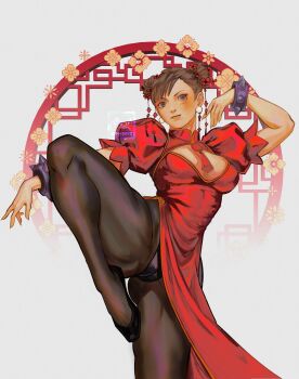 Rule 34 | 1girl, alternate color, artist logo, artist name, black panties, black pantyhose, blush, bracelet, breasts, brown eyes, brown hair, brown pantyhose, bun cover, cameltoe, capcom, china dress, chinese clothes, chun-li, cleavage, cleavage cutout, clothing cutout, double bun, dress, earrings, fighting stance, flats, gluteal fold, grey background, hair bun, hair ornament, highres, jewelry, junodayz, lattice, leg up, leotard, leotard peek, leotard under clothes, lips, logo, looking at viewer, medium breasts, panties, pantyhose, pearl earrings, pelvic curtain, puffy short sleeves, puffy sleeves, red dress, shiny clothes, short hair, short sleeves, smile, solo, spiked bracelet, spikes, standing, standing on one leg, street fighter, thick thighs, thighs, underwear
