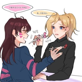 2girls black_sweater blonde_hair blue_eyes blue_sweater brown_hair chopsticks d.va_(overwatch) eating facial_mark giji-p long_hair mercy_(overwatch) multiple_girls overwatch overwatch_1 ponytail sweatdrop sweater translation_request turtleneck turtleneck_sweater