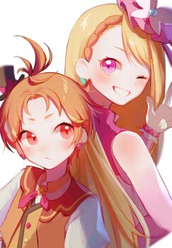 1boy 1girl blonde_hair braid commentary_request cure_butterfly cure_wing earrings gloves grin highres hirogaru_sky!_precure jewelry long_hair looking_at_viewer multiple_girls one_eye_closed orange_hair orange_vest precure red_eyes simple_background smile trap vest violet_(mesy4285) white_background white_gloves