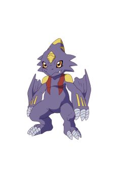 Rule 34 | arm fins, commentary request, digimon, digimon beatbreak, dragon, forehead jewel, full body, monodramon, official art, simple background, solo, standing, transparent background, yellow eyes