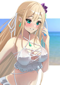 1girl absurdres blonde_hair blue_eyes braid breasts commentary_request hair_ribbon heaven_burns_red highres looking_at_viewer medium_breasts natsuki_(muravito) ribbon swimsuit toujou_tsukasa