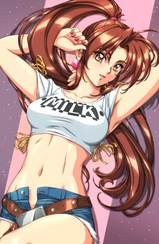 1girl arm_behind_head blue_shorts breasts brown_eyes brown_hair cowboy_shot cropped_shirt denim denim_shorts fatal_fury highres long_hair medium_breasts navel shiranui_mai shirt short_shorts shorts simple_background sirknightbot solo the_king_of_fighters white_shirt