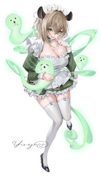 1girl :d absurdres adapted_costume animal_ears apron black_shoes blonde_hair breasts commentary crossed_bangs double-parted_bangs dress english_commentary frilled_apron frilled_dress frills full_body garter_straps green_dress green_eyes hair_between_eyes hair_ribbon hand_up high_heels highres indie_virtual_youtuber juliet_sleeves large_breasts long_sleeves looking_at_viewer massiveyog name_tag naplings_(nimi_nightmare) nimi_nightmare nimi_nightmare_(1st_costume) one_side_up open_mouth puffy_sleeves ribbon shoes short_dress short_hair simple_background sleeve_cuffs smile solo tapir_ears tapir_girl thighhighs virtual_youtuber white_apron white_background white_ribbon white_thighhighs