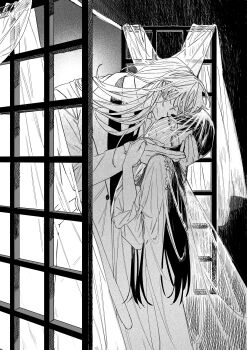 1boy 1girl absurdres character_request closed_eyes closed_mouth coat collar collared_shirt copyright_request covered_eyes curtains dress fine_art_parody frilled_collar frills greyscale hair_over_eyes hair_over_shoulder hand_on_another's_cheek hand_on_another's_face hand_on_another's_head hand_on_another's_wrist head_back highres indoors kiss kissing_cheek lapels light_frown long_hair long_sleeves monochrome necktie neponeponepo0 open_window parody parted_lips see-through_clothes see-through_curtains see-through_veil shirt the_kiss three-quarter_sleeves u_u veil wind window wing_collar