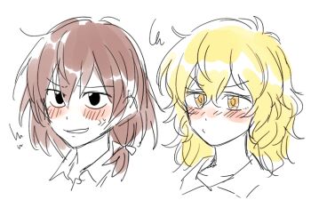 Rule 34 | 2girls, blonde hair, blush, bow, brown hair, closed mouth, collared shirt, commentary, hair bow, maribel hearn, medium hair, multiple girls, no headwear, open mouth, pout, re ghotion, shirt, short hair, simple background, sketch, touhou, unkempt, white background, white shirt, yellow eyes
