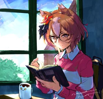 1girl alternate_costume animal_ears book brown_eyes brown_hair casual closed_mouth collared_shirt commentary_request cup holding holding_book horse_ears indoors long_sleeves multicolored_hair natsunori open_book pink_sweater pinwheel_hair_ornament reading shirt short_hair signature sitting solo split_mouth steam streaked_hair sweater umamusume upper_body white_shirt window yaeno_muteki_(umamusume)