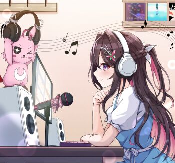 1girl absurdres alternate_costume asymmetrical_sidelocks azki_(hololive) blurry bokeh braid brown_hair closed_mouth colored_inner_hair commentary_request computer_keyboard depth_of_field desk elbows_on_table from-moon from_side hair_intakes hair_ornament hairclip half_up_half_down_braid headphones highres hololive indoors long_hair looking_at_viewer microphone mole mole_under_eye monitor multicolored_hair musical_note pink_hair pioneer_(azki) ponytail profile purple_eyes short_ponytail sidelocks smile solo speaker upper_body very_long_hair virtual_youtuber