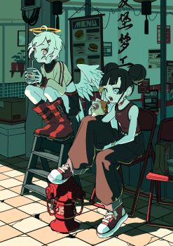 Rule 34 | 2girls, ahoge, black hair, black shorts, blonde hair, blue eyes, boots, burger, chair, crop top, cup, disposable cup, double bun, drinking straw, drinking straw in mouth, earrings, eating, fire hydrant, folding chair, food, full body, gaako illust, hair between eyes, hair bun, halo, highres, holding, holding burger, holding cup, holding food, jewelry, looking ahead, looking to the side, multiple girls, open mouth, original, red boots, red tank top, shorts, sitting, squatting, storefront, tank top, tile floor, tiles, white hair, yellow eyes