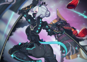 1girl animal_ears armor black_armor black_bodysuit blush bodysuit bow braid breasts commentary_request cosplay crown_braid detached_horns doushi_tatsu_to_dekkai_no ear_ribbon fate/grand_order fate/samurai_remnant fate_(series) floating_armor grey_bodysuit grey_hair highres horse_ears horse_girl horse_tail impossible_bodysuit impossible_clothes impossible_leotard japanese_armor leotard long_hair mejiro_ardan_(umamusume) multicolored_bodysuit neon_trim purple_eyes sideless_dress skin_tight tail two-tone_bodysuit umamusume ushi_gozen_(avenger)_(fate) ushi_gozen_(fate) ushi_gozen_(fate)_(cosplay)