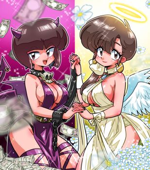 10000_yen_note 2girls alternate_costume angel angel_wings banknote black_panties bob_cut breasts brown_eyes brown_hair choker cleavage cuffs demon_girl demon_tail demon_wings dress earrings flower from_side halo halter_dress halterneck highres hip_bones horns interlocked_fingers inverted_bob jewelry large_breasts locked_arms looking_at_viewer low_side_ponytail money multiple_girls open_mouth panties ponytail ranma_1/2 shackles siblings sideboob sisters skull smile spiked_choker spikes tail tendou_kasumi tendou_nabiki underboob underwear wanta_(futoshi) white_dress wings yen