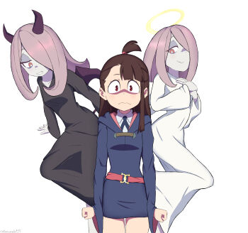 3girls absurdres angel_and_devil arms_at_sides belt blunt_bangs breasts bright_pupils brown_hair closed_mouth collarbone collared_shirt commentary dual_persona english_commentary frown grin hair_over_one_eye halo hands_up highres hood hood_down horns kagari_atsuko little_witch_academia long_hair long_sleeves looking_at_viewer luna_nova_school_uniform multiple_girls neck_ribbon pink_hair red_eyes ribbon robe school_uniform shirt simple_background small_breasts smile smirk sucy_manbavaran tail thenomade123 thighs white_background white_pupils white_robe white_shirt wide_sleeves wings