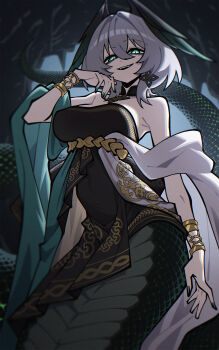1girl absurdres arknights bare_shoulders black_dress dress dryegen green_eyes green_nails grey_hair hair_between_eyes head_wings highres ho'olheyak_(arknights) ho'olheyak_(carriage_of_the_winds_of_time)_(arknights) looking_at_viewer nail_polish short_hair sleeveless sleeveless_dress slit_pupils snake_tail solo tail wings