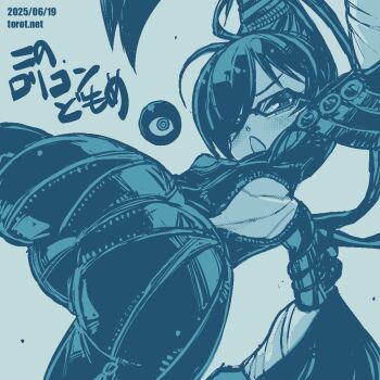 1girl ass back_cutout backbeako_(torotei) backbeard bayonetta bayonetta_(cosplay) bayonetta_(series) bayonetta_1 beehive_hairdo blue_background blue_theme blush bodysuit breasts cameltoe chestnut_mouth clothing_cutout commentary_request cosplay dated dated_commentary dutch_angle from_behind gegege_no_kitarou glasses hair_over_one_eye hexagonal_eyewear kono_lolicon_domome long_hair looking_at_viewer looking_back monochrome one_eye_closed open_mouth original paid_reward_available pear-shaped_figure simple_background small_breasts solo torotei translated v-shaped_eyebrows watermark web_address