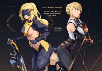 2girls 3girls areola_slip asymmetrical_gloves belle_(zenless_zone_zero) black_gloves black_pants blindfold blindfold_mask blonde_hair blue_hair braid braided_bun breast_curtain breasts chest_harness commentary dark_background doktor_malefic elbow_gloves english_commentary english_text evelyn_chevalier face_in_ass fingerless_gloves gloves gun hair_bun harness high-waist_pants highres large_breasts long_hair mask multiple_girls pants ponytail profanity purple_eyes shirt short_hair signature single_elbow_glove string tight_clothes tight_pants trigger_(zenless_zone_zero) twitter_username uneven_gloves weapon white_shirt zenless_zone_zero