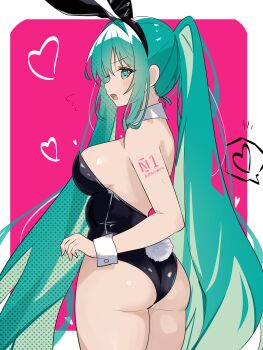 1girl absurdres animal_ear_headband animal_ears aqua_eyes aqua_hair bare_shoulders black_headband black_leotard blush body_writing border breasts coco_irasuto commentary cowboy_shot detached_collar fake_animal_ears fake_tail from_behind hair_between_eyes hand_up hatsune_miku headband heart highres large_breasts leotard long_hair looking_at_viewer looking_back number_tattoo open_mouth outside_border pink_background playboy_bunny rabbit_ears rabbit_tail sideboob sidelocks solo speech_bubble spoken_heart standing strapless strapless_leotard tail tattoo twintails vocaloid white_border white_wrist_cuffs wrist_cuffs