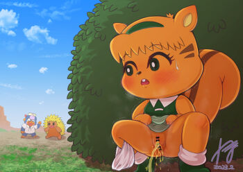 1girl 2023 20s 2boys animal animal_ears bar_censor black_eyes blue_fur blush breath buck_teeth bush censored claws clothes_lift cloud dated echidna_(animal) february furry grass green_shirt green_shoes green_skirt hairband harimogu_harley harley_(harimogu_harley) hat hiding kmkch lace lace-trimmed_panties lace_trim loli mandrill_(animal) monkey monkey_boy multiple_boys open_mouth orange_fur orange_hair panties panties_around_leg peeing pussy risuko_(harimogu_harley) shirt shoes short_hair short_sleeves skirt skirt_lift sky smile socks sparkle spread_legs squatting squirrel squirrel_ears squirrel_girl squirrel_tail standing steam sweat tail takuya_(harimogu_harley) teeth trembling underwear white_hat white_panties white_shirt white_socks