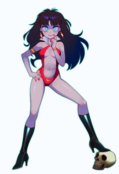 1girl animal_print armlet bat_print batrobin_k black_boots black_hair blue_eyes boots bracelet breasts commentary earrings fangs fangs_out full_body hand_on_own_hip highres jewelry leotard lipstick long_hair looking_at_viewer makeup medium_breasts navel o-ring red_lips red_slingshot_swimsuit skull slingshot_swimsuit smile solo standing swimsuit vampire vampirella vampirella_(character) white_background