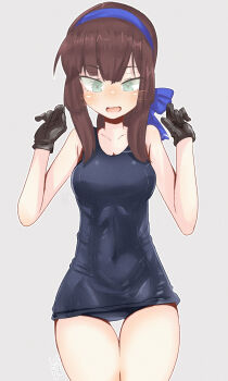 1girl :d artist_name bare_shoulders black_gloves black_one-piece_swimsuit blue_bow blue_hairband blue_ribbon blush bow breasts brown_hair cleavage collarbone commentary covered_navel cowboy_shot dated embarrassed freckles gloves green_eyes grey_background hair_bow hair_ribbon hairband hands_up highres kantai_collection long_hair medium_breasts mf_u_c mogador_(kancolle) old_school_swimsuit one-piece_swimsuit open_mouth outline ponytail ribbon school_swimsuit signature simple_background smile solo standing straight-on swimsuit thigh_gap twitter_username w_arms wavy_mouth white_outline