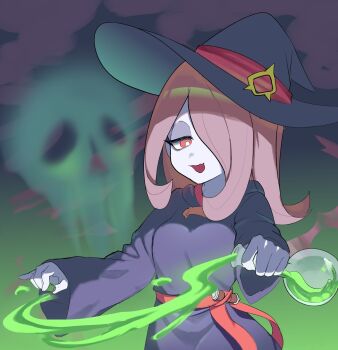 1girl :d belt cloud dark_cloud drugged_mush eyeshadow green_light green_liquid hat highres holding_potion little_witch_academia long_hair luna_nova_school_uniform makeup open_mouth pink_hair potion red_belt red_eyes school_uniform sidelocks skull_cloud smile sucy_manbavaran witch witch_hat