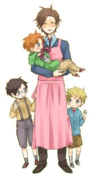 10s 4boys alex_summers apron banshee_(x-men) beast_(x-men) blonde_hair bone-kun charles_xavier flower glasses hank_mccoy havok male_focus marvel multiple_boys orange_hair suspenders x-men aged_down