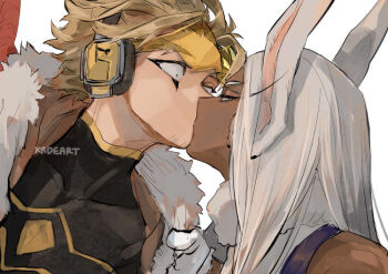 1boy 1girl animal_ears artist_name boku_no_hero_academia bomber_jacket clothes_pull costume dark-skinned_female dark_skin facial_hair facial_mark fur-trimmed_jacket fur_trim gloves grip hawks_(boku_no_hero_academia) headphones hetero interracial jacket kadeart kiss leotard long_eyebrows long_eyelashes long_hair lowered_eyelids mirko parted_bangs pulling rabbit_ears red_wings shirt short_hair simple_background sleeveless tight_clothes tight_shirt tinted_eyewear watermark white_background white_gloves white_hair wide-eyed wings yellow-tinted_eyewear