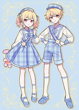 1boy 1girl aged_down arm_at_side beret blonde_hair blue_background blue_bow blue_bowtie blue_hat blue_ribbon blue_shirt blue_shoes blue_shorts blue_skirt bow bowtie closed_mouth commentary_request fashion fortissimo french_girly frilled_shirt_collar frilled_skirt frills full_body hair_bow hair_ornament hand_up hands_on_own_hips hat highres kneehighs loafers long_sleeves mary_janes musical_note musical_note_hair_ornament neck_ribbon newsboy_cap pink_hair plaid_bow plaid_bowtie plaid_clothes plaid_hat plaid_skirt project_sekai ribbon sailor_collar sash shirt shoes shorts skirt smile socks split_mouth standing stuffed_bunny_(project_sekai) suspender_shorts suspender_skirt suspenders tenma_saki tenma_tsukasa treble_clef twintails unmoving_pattern waka_(wk4444) white_socks yellow_eyes