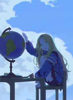 1girl absurdres android aqua_eyes arm_up barefoot blonde_hair blue_coat chair coat commentary crayon diana_(pragmata) drawstring full_body globe highres knees_up long_hair long_sleeves looking_at_viewer on_chair padded_coat parted_lips pragmata puffy_long_sleeves puffy_sleeves screen smile solo table wooden_chair wooden_table yanan_(user_scxk8427)