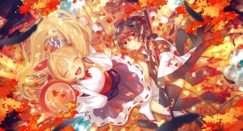 Rule 34 | 2girls, :d, absurdres, alternate costume, autumn leaves, black feathers, black hair, black thighhighs, blush, closed eyes, commentary, cup, falling feathers, fang, feathers, geta, hat, highres, holding, holding sword, holding weapon, horns, ibuki suika, katana, kourindou tengu costume, leaf, long hair, long sleeves, looking at viewer, maple leaf, multiple girls, oni, open mouth, parted lips, pointy ears, pom pom (clothes), purple skirt, red eyes, sakazuki, sandals, shameimaru aya, shirt, short hair, skirt, smile, socks, sword, tengu-geta, thighhighs, tokin hat, toraneko 2, touhou, weapon, white shirt, white socks