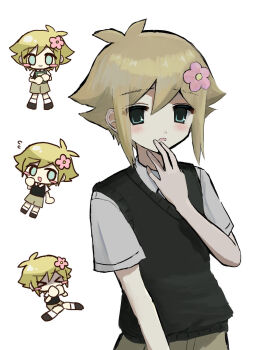 &gt;_&lt; 1boy antenna_hair basil_(faraway)_(omori) basil_(omori) black_shoes blonde_hair blue_eyes blush_stickers book brown_shorts chibi closed_eyes closed_mouth collared_shirt double-parted_bangs flower flying_sweatdrops green_sweater_vest hair_flower hair_ornament highres holding holding_book looking_at_viewer male_focus omori open_mouth revision shirt shoes short_sleeves shorts simple_background socks solo sweater_vest true_erg white_background white_shirt white_socks