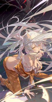:p absurdres all_fours animal_ears black_hanekawa black_sky cat_ears hair_spread_out hanekawa_tsubasa highres hxxg light_blush long_hair long_sleeves looking_at_viewer monogatari_(series) night night_sky off_shoulder orange_eyes orange_pajamas pajamas print_pajamas sky slit_pupils star_(sky) tongue tongue_out tree very_long_hair white_hair yellow_eyes