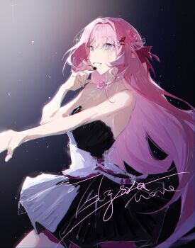 1girl absurdres alternate_costume bare_shoulders black_background black_dress blue_eyes breasts character_name chinese_commentary commentary_request dress elysia_(honkai_impact) highres honkai_(series) honkai_impact_3rd large_breasts long_hair momo364909 music open_mouth pink_hair singing solo two-tone_dress very_long_hair white_dress