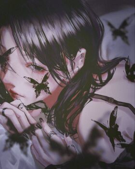 1girl black_eyes black_hair blurry bug butterfly commentary depth_of_field doloyume english_commentary highres insect jewelry looking_at_viewer multiple_rings nail_polish original piercing procreate_(medium) red_lips ring solo spike_piercing