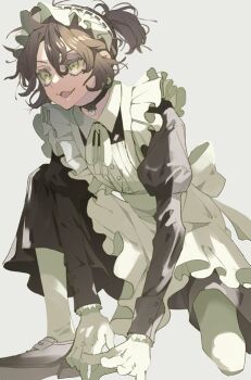 1boy :3 alternate_costume apron bell black_choker black_dress black_shoes brown_hair bruise bruised_eye choker crossdressing crossdressing_(mtf) dress fang frilled_sleeves frills gloves green_eyes half-closed_eye identity_v injury juliet_sleeves long_sleeves looking_ahead luca_balsa maid maid_apron male_focus male_maid minotackle neck_bell neck_ribbon on_one_knee oxfords pantyhose ponytail puffy_sleeves ribbon shoes short_ponytail solo white_gloves white_pantyhose white_ribbon