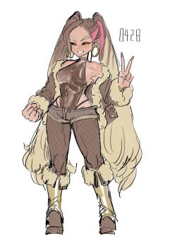 1girl bare_shoulders black_sclera blonde_hair breasts brown_hair brown_jacket brown_leotard brown_nails brown_pantyhose clenched_hand colored_sclera covered_navel dancho_no_mori earrings fingernails fishnet_pantyhose fishnets full_body fur-trimmed_jacket fur-trimmed_sleeves fur_trim gen_4_pokemon grey_shorts highres hoop_earrings jacket jewelry legs_apart leotard leotard_under_clothes long_fingernails long_hair long_sleeves lopunny medium_breasts multicolored_hair nail_polish nintendo open_fly pantyhose pantyhose_under_shorts personification pink_hair pink_streaks pokedex_number pokemon red_eyes short_shorts shorts simple_background solo standing streaked_hair twintails very_long_hair white_background
