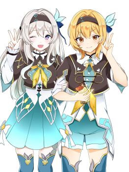 1boy 1girl ;o adapted_costume black_capelet black_hairband blonde_hair breasts capelet commentary_request cosplay dress firefly_(honkai:_star_rail) firefly_(honkai:_star_rail)_(cosplay) green_dress green_shorts green_thighhighs hairband highres holding holding_ticket honkai:_star_rail honkai_(series) long_hair medium_breasts multicolored_hair one_eye_closed orange_eyes original sakyumiru second-party_source short_hair shorts simple_background star_rail_special_pass_(honkai:_star_rail) thighhighs ticket two-tone_hair w white_background