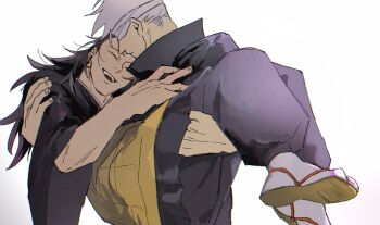 Rule 34 | 2boys, black hair, black jacket, black pants, blindfold, carrying, carrying person, closed eyes, commentary request, getou suguru, gojou satoru, grey hair, highres, jacket, jujutsu kaisen, jujutsu tech uniform, long hair, long sleeves, male focus, multiple boys, nappa 27, pants, sandals, short hair, simple background, smile, socks, teeth, upper teeth only, white background, white socks, wide sleeves, yaoi