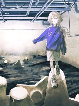 1girl 2ru4shi black_shirt blue_jacket closed_mouth commentary double-parted_bangs expressionless full_body grey_eyes grey_hair hair_between_eyes hair_intakes highres indoors jacket long_hair long_sleeves original pale_skin shirt shoes shorts sleeves_past_fingers sleeves_past_wrists sneakers socks solo symbol-only_commentary walking white_shoes white_shorts white_socks zipper_pull_tab