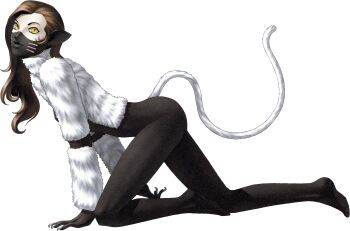 Rule 34 | 1girl, absurdres, animal ears, black hair, bodysuit, cat tail, demon (megami tensei), highres, impossible bodysuit, impossible clothes, kazuma kaneko, long hair, mask, mouth mask, nekomata, nekomata (megami tensei), official art, shin megami tensei, shin megami tensei i, shin megami tensei iii: nocturne, simple background, slit pupils, solo, tail, third-party source, transparent background, yellow eyes