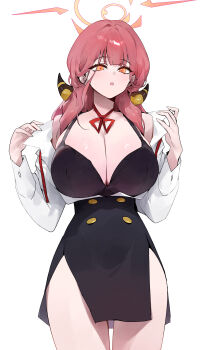 1girl :o absurdres aru_(blue_archive) black_bra black_skirt blue_archive bra breasts cleavage demon_horns dokshuri halo high-waist_skirt highres horns huge_breasts long_hair looking_at_viewer neck_ribbon open_clothes open_shirt orange_hair pink_hair red_ribbon ribbon shirt simple_background skirt solo thighs underwear white_background white_shirt