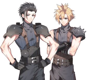 2boys armor black_gloves black_hair black_pants blonde_hair cloud_strife commentary_request final_fantasy final_fantasy_vii gloves green_eyes hands_on_own_hips highres male_focus multiple_boys pants saba_miso shoulder_armor sleeveless sleeveless_turtleneck smile suspenders turtleneck zack_fair