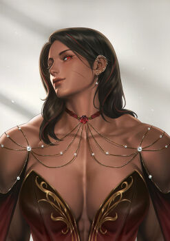 1girl abs areeya bare_shoulders black_hair breasts choker cleavage cleavage_cutout clothing_cutout collar_chain_(jewelry) dark_skin dress ear_piercing facial_scar final_fantasy final_fantasy_xiv flower_choker gold highres muscular muscular_female original pectoral_cleavage pectorals piercing red_choker red_eyes red_streaks rose_(havexiv) scar scar_on_cheek scar_on_face see-through_clothes see-through_dress simple_background smile tan warrior_of_light_(ff14)